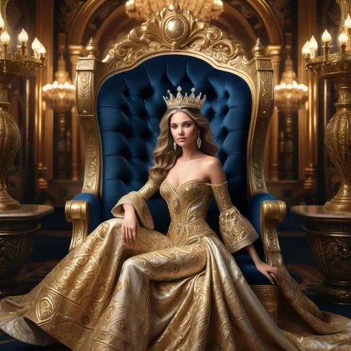 Prompt: Regal queen, adorned in a lavish gown shimmering with jewels, seated upon an ornate golden throne, surrounded by rich fabrics and intricate patterns, atmospheric soft lighting radiates elegance. The background features a majestic castle interior, contributing to a grand and royal ambiance. High detail and ultra-detailed, capturing the essence of royalty and sophistication perfectly.