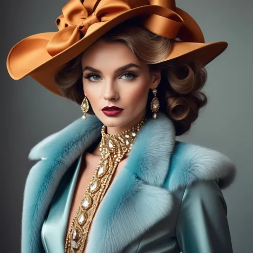 Prompt: Haute couture model in a retro 1970s outfit, retro hair style, elegant and sophisticated full body pose, luxurious fabric with rich textures, high-end fashion photography