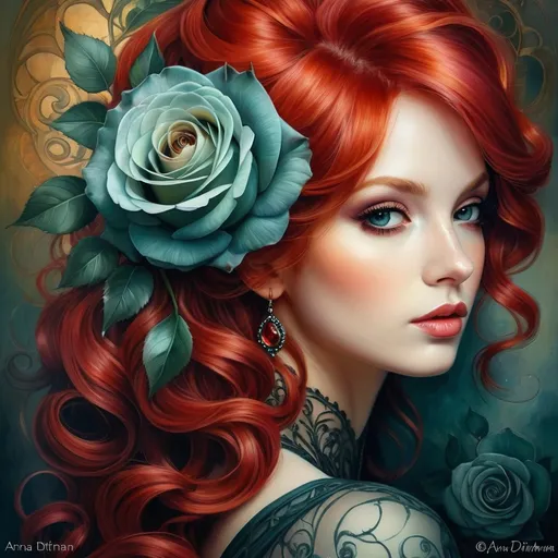 Prompt: <mymodel> a woman with red hair and a rose in her hair is shown in this painting of a woman with red hair and a rose in her hair, Anna Dittmann, gothic art, highly detailed digital painting, a detailed painting