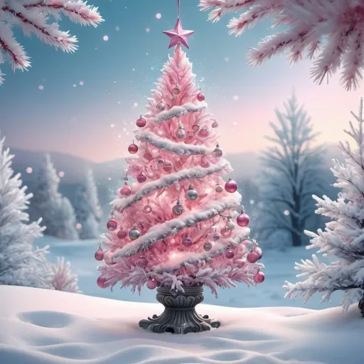 Prompt: pink-themed Christmas tree, detailed ornaments, snowy background, winter wonderland, high quality, digital art, cool tones, festive atmosphere, sparkling lights, snowy landscape, holiday spirit, magical ambiance, frozen branches, enchanting glow, icy blue decor, best quality, highres, ultra-detailed, winter, snowy, holiday, cool tones, festive, magical, enchanting, sparkling lights, digital art, detailed ornaments, snowy background