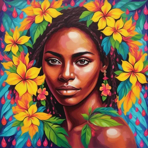 Prompt: <mymodel> Painting of the portrait of a pretty Melanesian woman,  dark brown eyes, wearing cocontractant leaves crown and hibiscus flowers on her left ear. She has long thick afro hair, a black skin and she is surrounded by tropical nature and flowers.