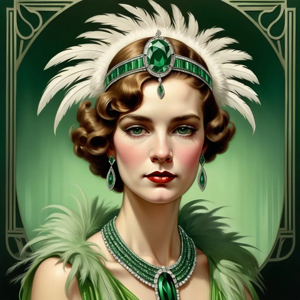 Prompt: a woman in a green dress with feathers on her head and a tiara on her head, with a feathery collar and a green jeweled necklace, Edwin Georgi, art deco, highly detailed digital painting, an art deco painting