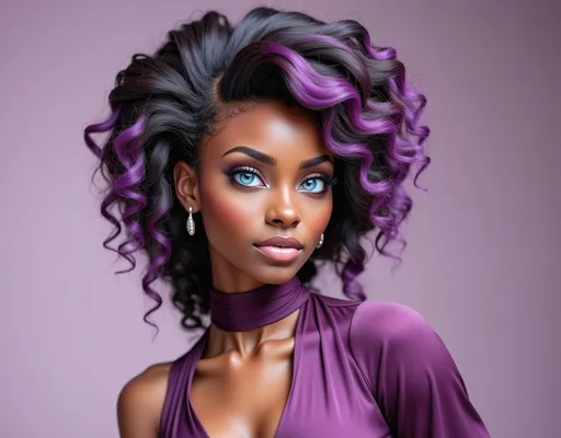 Prompt: Beautiful black woman with a Purple mullet , in a purple silk dress