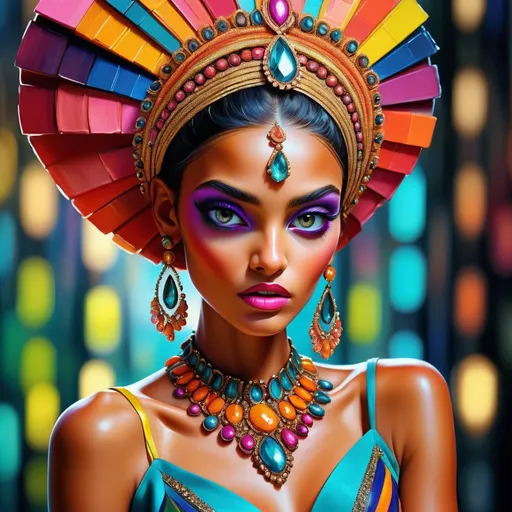 Prompt: digital painting, dramatic colourful makeup, high fashion, intense gaze, realistic portrayal, vibrant colors, detailed features, highres, professional, dramatic, realistic, digital painting, intense gaze, vibrant colors, detailed features, high fashion, glamorous lighting