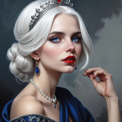 Prompt: a woman with  white hair, blue eyes, a tiara and pearls on her head and a red lip and a blue dress with a red and white collar, Anne Stokes, gothic art, highly detailed digital painting, a detailed painting