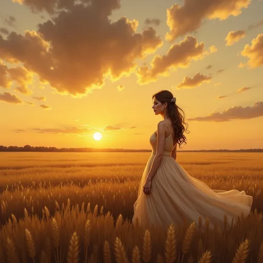 Prompt: a painting of a woman standing in a field of wheat at sunset, Anka Zhuravleva, german romanticism, ultra realistic digital art, a photorealistic painting