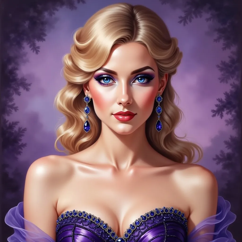 Prompt: a woman with blonde hair and purple makeup is wearing a purple dress and earrings and a purple background is also a purple backdrop, Edwin Georgi, rococo, purple, a photorealistic painting