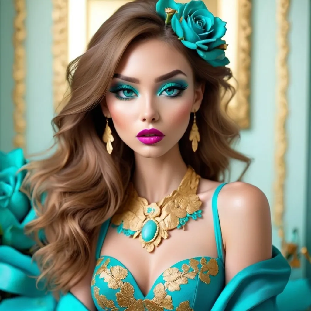 Prompt: <mymodel>turquoise and gold beauty, beautiful makeup, gold lipstick, rose colored flowers