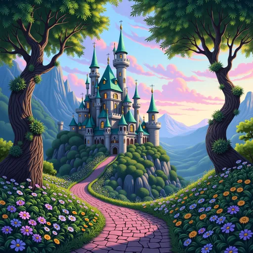 Prompt: Nestled amid lush, vibrant greenery, a fantastical castle boasts tall, pointed towers capped with emerald green spires, creating a striking silhouette against a pastel sky. A winding pink cobblestone path meanders through the scene, bordered by an abundance of colorful flowers in shades of purple, pink, and yellow, inviting visitors to explore the enchanting landscape. Towering trees frame the view, their leaves a rich shade of green, while wisps of clouds dot the soft blue and pink horizon, suggesting a serene sunrise or sunset. The overall mood is whimsical and magical, evoking a storybook charm where adventures await just beyond the castle gates. This picturesque setting radiates a sense of wonder and tranquility, ideal for fairy tale dreams.