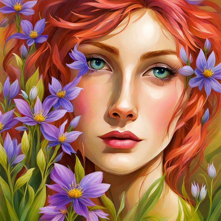 Prompt: a fairy of spring, ,wildflowers, vivid colors,  facial closeup