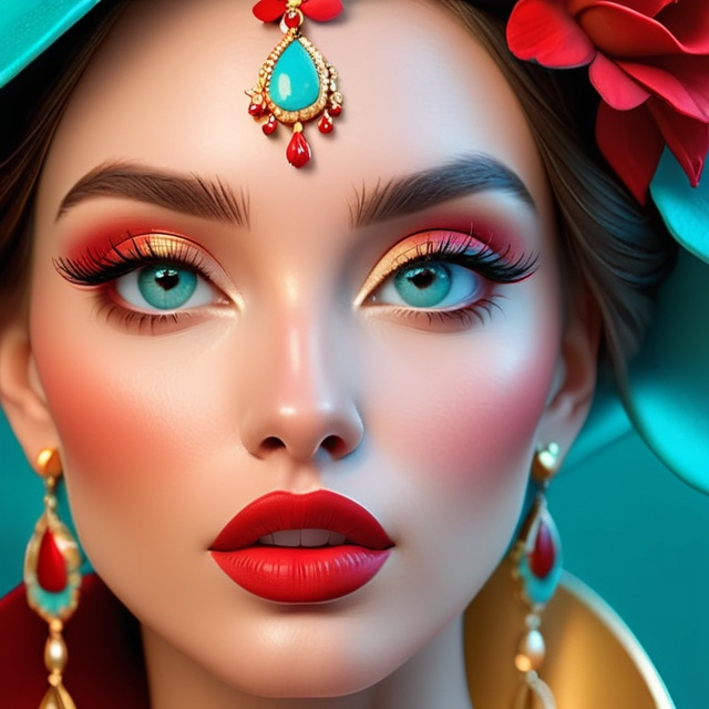 Prompt: Beautiful ethereal woman. color scheme of tuquoise and red., wearing turquoise and gold jewlery, wearing a red hat with red flowers, facial closeup