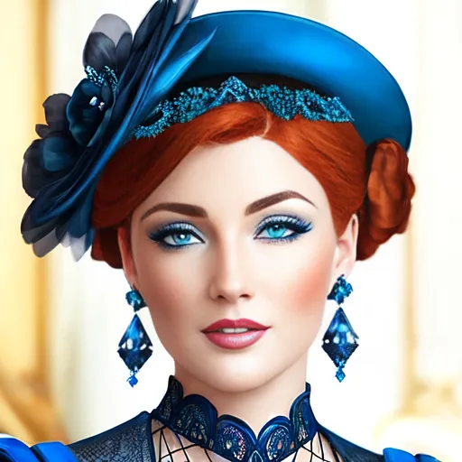 Prompt: Beautiful woman with blue eyes & Auburn hair, blue jewelry, intricate oval face, elegant & elaborate blue formal dress with velvet and lace detailing, blue milliner's hat, fair skin, upturned nose, full bosomy figure, blue high heels, sitting for a portrait, 8k, realistic, elegant, detailed, formal attire, intricate jewelry, portrait sitting, blue color scheme, fair complexion, exquisite hair, high-quality lighting