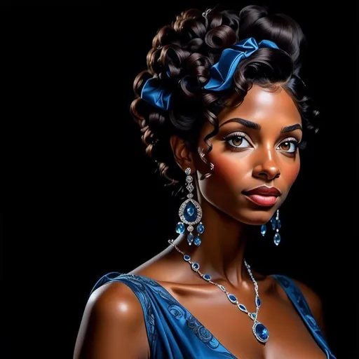 Prompt: <mymodel>Highly realistic oil painting of an elegant black woman, mesmerizing striking blue eyes, regal posture, intricate braided hair, rich and warm skin tones, luxurious velvet gown, detailed jewelry, classic portrait style, impeccable lighting, high quality, ultra-realistic, oil painting, regal, detailed eyes, elegant, warm tones, luxurious, classic portrait, professional lighting