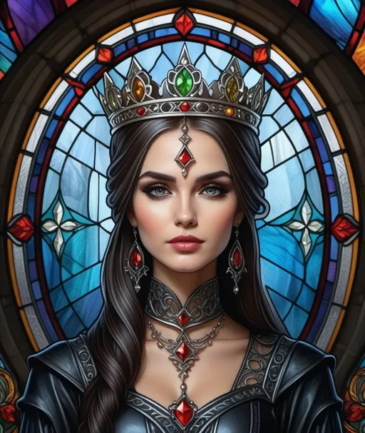 Prompt: a woman with a crown on her head in front of a stained glass window photo by alex klos, Anne Stokes, gothic art, highly detailed digital painting, a detailed drawing