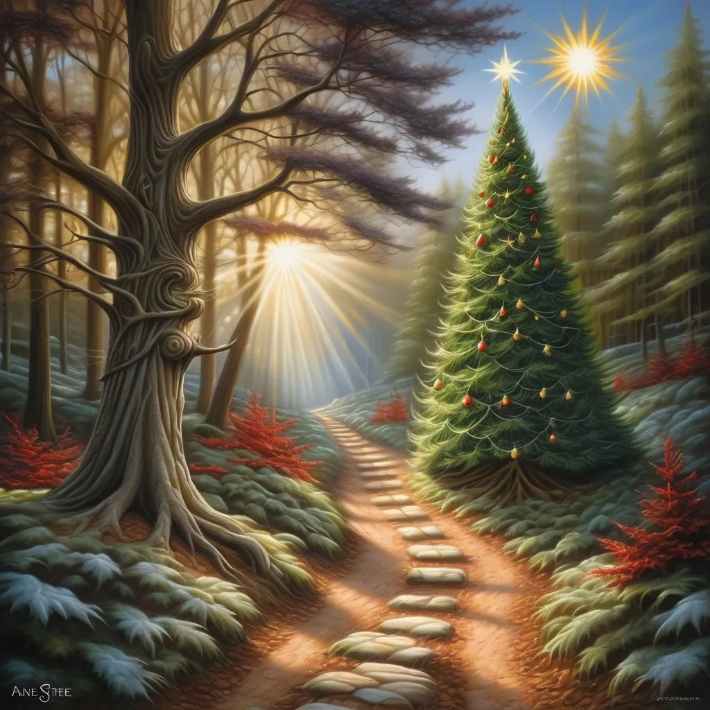 Prompt: a painting of a path leading to a christmas tree in the woods with a sun shining through the trees, Anne Stokes, magical realism, magical, a storybook illustration