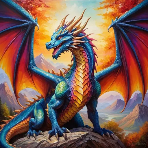 Prompt: Vibrant oil painting of a mystical dragon, rich and textured brushstrokes, majestic wingspan, fierce gaze with piercing eyes, scales shimmering in the sunlight, sprawling fantasy landscape, epic and majestic, oil painting, fantasy, vibrant color palette, textured details, high quality, majestic dragon, mystical, epic fantasy, vibrant colors, detailed wings, professional lighting