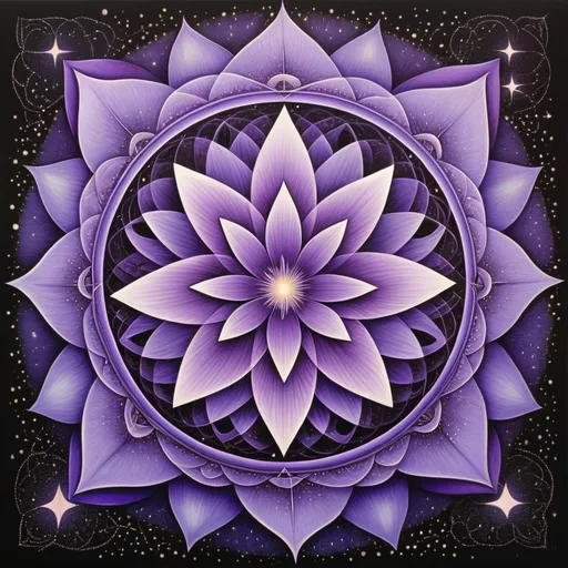 Prompt: a purple flower with a star in the background and a purple circle around it with a star in the middle, Amanda Sage, psychedelic art, sacred geometry, a detailed drawing