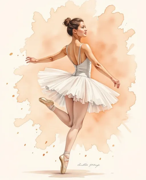 Prompt: A graceful ballet dancer strikes an elegant pose, her body arched and one leg en pointe, embodying the beauty and discipline of dance. Dressed in a delicate white tutu that flares out softly around her, she exudes a serene confidence, with her hair styled in a neat bun and a subtle expression on her face. The background is a warm, soft peach, creating a gentle contrast with her outfit, while the muted tones enhance the sense of focus on her figure. The composition conveys fluidity and poise, capturing a moment of artistry that reflects the grace and strength inherent in ballet. The overall mood is both ethereal and captivating, inviting admiration for the dancer's skill and the timeless elegance of ballet.