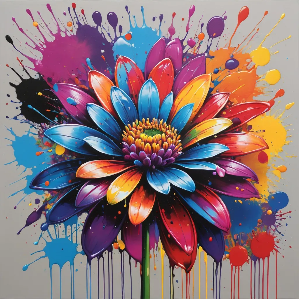 Prompt: a painting of a flower with colorful paint splatters on it's petals and petals are splattered with multicolors, Annabel Eyres, psychedelic art, full of colour, graffiti art