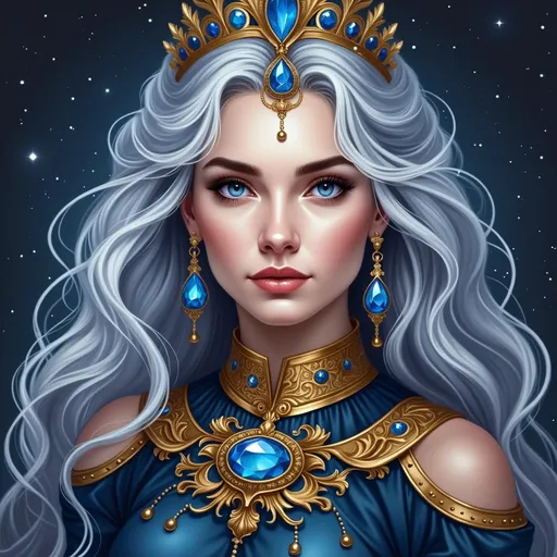 Prompt: This is a digital painting of a regal, young woman with an ethereal, fantasy-like appearance. She has long, flowing silver hair that cascades down her shoulders, adorned with a golden crown featuring a large, central blue gemstone. Her skin is pale and flawless, with a subtle blush on her cheeks. Her eyes are large, almond-shaped, and a striking blue, with long, dark lashes and a hint of shimmer. She wears a golden choker with an intricate design and a matching brooch at the center of her chest. Her dress is a rich, royal blue, adorned with gold floral patterns and additional blue gemstones. She also wears dangling, teardrop-shaped blue earrings that match her crown and brooch. The background is a dark, starry night sky, adding to the mystical and royal atmosphere. The overall style of the painting is highly detailed and realistic, with a focus on the soft textures of her hair and the sharp, ornate details of her jewelry and attire. The color palette is dominated by cool blues and golds, enhancing the regal and otherworldly feel of the image.