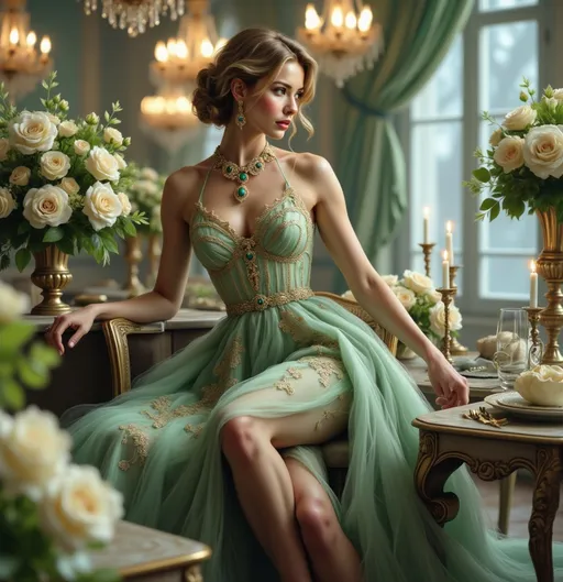 Prompt: Draped in an elegant, shimmering green gown that accentuates her grace, a striking woman sits poised at a lavishly set table adorned with fresh white roses and verdant arrangements. Her captivating jewelry, featuring intricate designs and emerald accents, elegantly enhances her refined appearance, while her soft, wavy hair is styled into a classic updo, framing her delicate features. The opulent interior, complemented by chandeliers casting a warm glow, creates an atmosphere of luxury, with large windows allowing natural light to filter in softly. The lush color palette of greens and whites evokes a serene and sophisticated mood, suggesting a scene of celebration or high society allure, as the woman seems lost in thought, exuding both confidence and elegance.