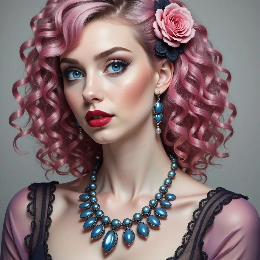 Prompt: a woman with pink hair and blue eyes wearing a necklace and earrings with roses on her head and a necklace with pearls, Edwin Georgi, photorealism, highly detailed digital painting, a photorealistic painting