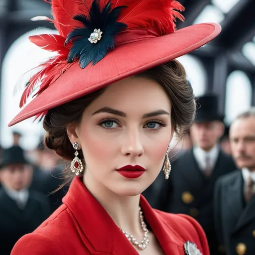 Prompt: <mymodel>fashionable 1st class  female passenger on the Titanic, pale skin, dark styled hair, large lips,  looking sad, facial closeup, vibrant colors, red dress and elaborate hat with feathers