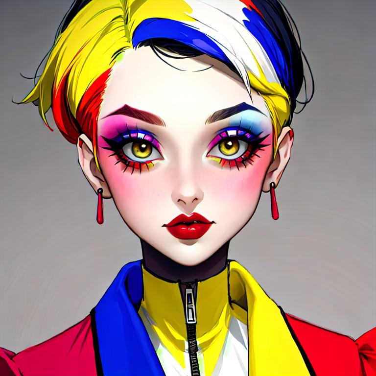 Prompt: A woman all in primary colors, pretty makeup