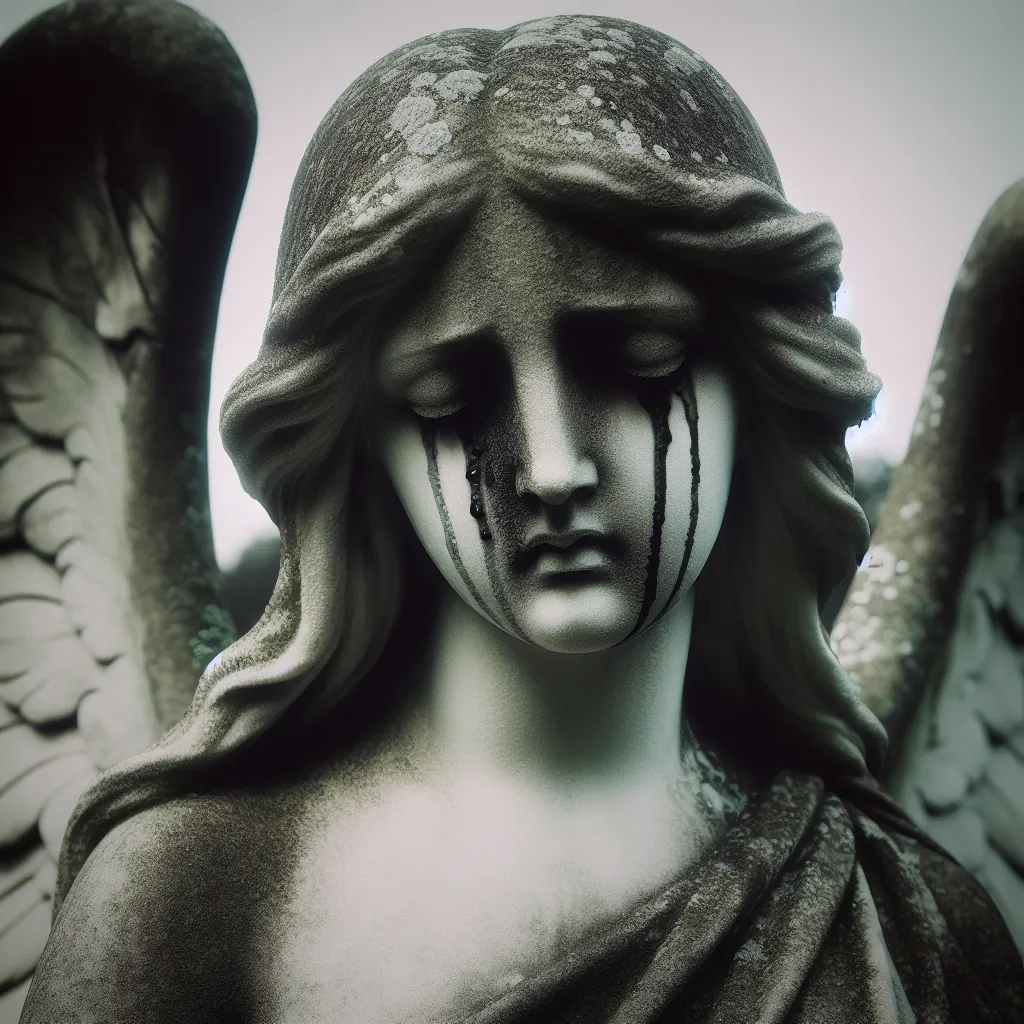 Prompt: Statue of angel crying black and white decaying old moss showing great sadness