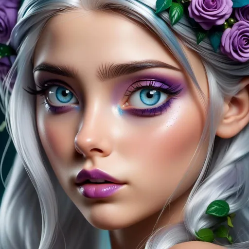 Prompt: <mymodel> peacock fairy goddess, purple roses, facial closeup