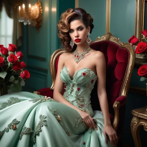 Prompt: Draped in a luxurious mint green gown adorned with intricate floral embellishments and sparkling jewels, the striking figure exudes elegance as she sits poised in an opulent room. Her cascading auburn curls frame a flawless complexion highlighted by bold red lips and dramatic earrings, while a bouquet of red and cream roses rests gently in her lap. The room is rich with color, featuring deep green walls, ornate gold fixtures, and a classic wooden dresser, all accentuating the vintage charm of the setting. Warm, inviting lighting casts a soft glow, enhancing the lavish atmosphere and creating a sense of nostalgia and beauty, as the mirror reflects the intricate details of the decor and her exquisite attire. This captivating scene conveys a narrative of timeless grace and sophistication, drawing the viewer into a world of refined glamour.