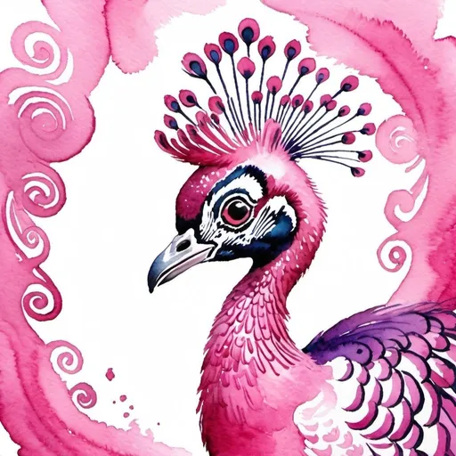 Prompt: Colourful watercolour painting of a dreamy pink peacock, vibrant swirls, high quality, watercolour, dreamy, vibrant, colourful, pink, peacock, swirls, animal art, detailed feathers, artistic, whimsical, dreamlike, professional
