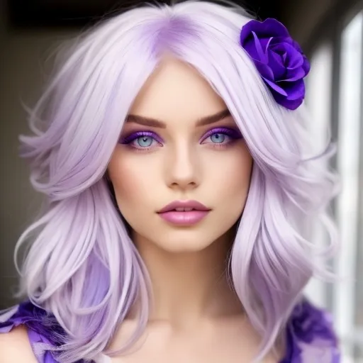 Prompt: A beautiful woman, volumnous white hair with pastel purple highlights, violet eyes, blue eyeshadow, pastel blue roses in her hair, blue jewels on forehead