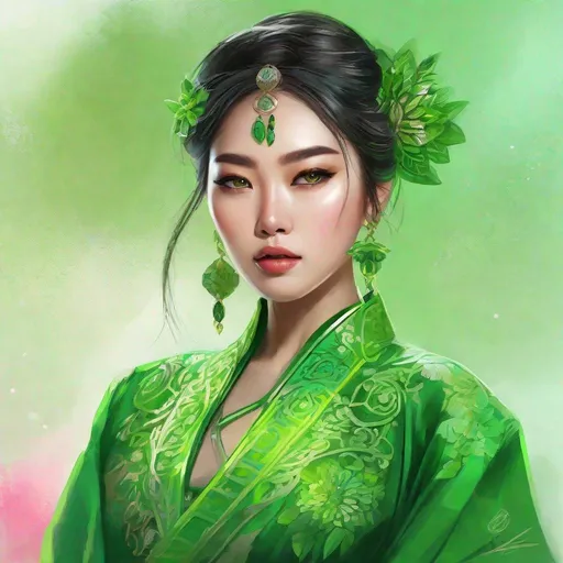 Prompt: <mymodel>Detailed illustration of a asian woman in vibrant green attire, large vivid green eyes, elegant makeup, digital painting, high resolution, realistic style, vibrant green, professional lighting