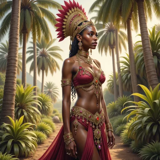 Prompt: In a lush, sun-drenched paradise, a striking figure stands poised amidst towering palm trees and vibrant greenery, embodying a sense of regal elegance. Draped in an ornate ensemble of rich reds and golds, she wears intricate jewelry that shimmers in the gentle light, highlighting her graceful silhouette. Her elaborate headdress, adorned with vibrant feathers, crowns her stunning features, which are accentuated by a serene yet powerful expression. The warm hues of the scene are complemented by a soft, golden glow filtering through the foliage, creating a dreamy atmosphere that enhances the enchanting narrative of strength and beauty. This captivating portrayal serves as a celebration of both nature's splendor and the rich cultural heritage she represents.