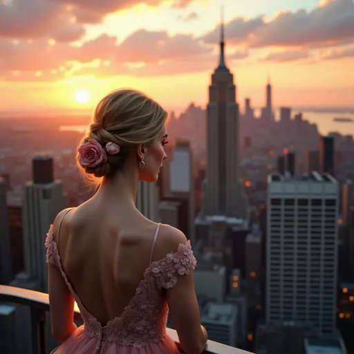 Prompt: Bathed in the warm glow of a stunning sunset, a young woman in an elegant pink gown with intricate floral embroidery stands gracefully at the edge of an observation deck, overlooking the magnificent New York City skyline. Her back is exposed, accentuating the delicate design of her dress, while a soft pink rose adorns her styled hair, adding a romantic touch. The iconic Empire State Building looms prominently in the backdrop, framed by a palette of soft oranges and purples in the sky, which contrast beautifully with the deepening twilight. The scene conveys a sense of serene beauty and elegance, as the city below begins to twinkle with lights, encapsulating a moment of poised contemplation against a breathtaking urban landscape.