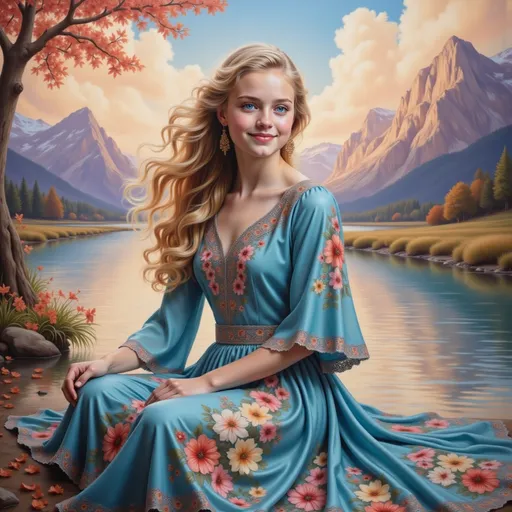 Prompt: Radiating elegance, a young woman in a vibrant turquoise dress with intricate floral embroidery sits gracefully by a tranquil river surrounded by majestic mountains. Her golden earrings shimmer softly, complementing the floral accents in her flowing hair, while her serene expression reflects a peaceful connection to nature. The landscape features rich hues of orange, purple, and green, creating a dreamy atmosphere enhanced by a swirling sky, suggesting a magical or enchanting backdrop. The composition balances her poised figure against the vivid, harmonious colors of the scene, evoking a sense of calm and beauty that draws the viewer into this idyllic moment. Capturing a narrative of grace and tranquility, the image invites contemplation amidst its artistic vibrancy.