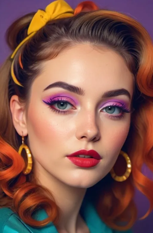 Prompt: Beautiful woman with 90's fashion, vibrant and colorful, retro makeup and hairstyle, vintage film photography style, nostalgic vibes, high quality, detailed, retro, vibrant colors, film photography, 90's fashion, retro makeup, vintage hairstyle, nostalgic, beauty, vibrant, detailed, atmospheric lighting