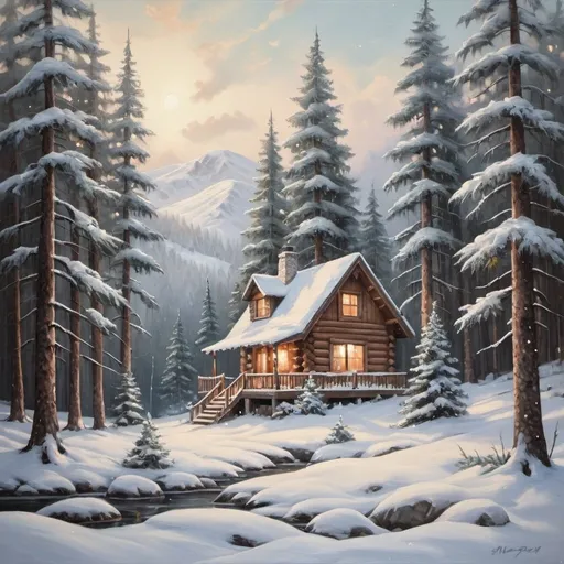 Prompt: Snowy forest landscape, oil painting, snowy pine trees, cozy cabin, winter wonderland, high quality, realistic, traditional, cool tones, soft lighting, detailed snowflakes, serene atmosphere