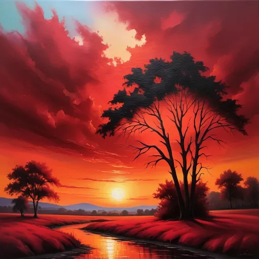 Prompt: Red sunset landscape, oil painting, vibrant colors, fine details, high-quality, realistic, warm tones, dramatic lighting, expansive horizon, silhouettes of trees, serene atmosphere