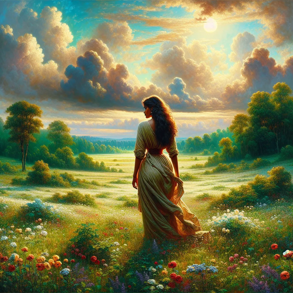 Prompt: a painting of a woman standing in a field of flowers with a sky background and clouds in the background, Art Brenner, figurative art, extremely detailed oil painting, a fine art painting