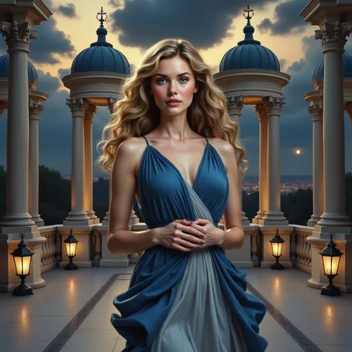 Prompt: Bathed in the soft glow of moonlight, a beautiful woman stands gracefully in a stunning architecture setting adorned with tall columns and domes, which reflect an elegant blend of classical and contemporary design. Her flowing gown, featuring rich shades of blue and gray, drapes elegantly over her figure, accentuating her poised demeanor as her curly hair cascades softly around her shoulders. The atmosphere conveys a sense of tranquility, enhanced by the dramatic sky filled with moody clouds, while distant city lights shimmer beneath the twilight. Lanterns flicker at her side, casting warm hues that enhance the serene yet sophisticated narrative of the scene, inviting viewers into a moment suspended between night and elegance.