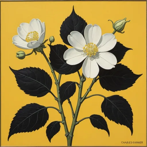 Prompt: a painting of two white flowers on a yellow background with black leaves and a budding stem with a yellow background, Charles Ginner, art informel, in gouache detailed paintings, an art deco painting