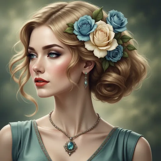 Prompt: a woman with long hair and blue flowers in her hair is wearing a blue dress and a blue flower in her hair, Charlie Bowater, fantasy art, trending on art station, a digital painting