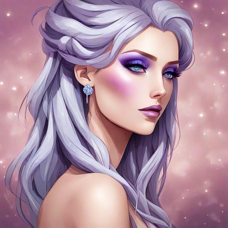 Prompt: A beautiful woman, white hair with pastel purple highlights, violet eyes, blue eyeshadow, pastel blue roses in her hair, blue jewels on forehead, cartoon style