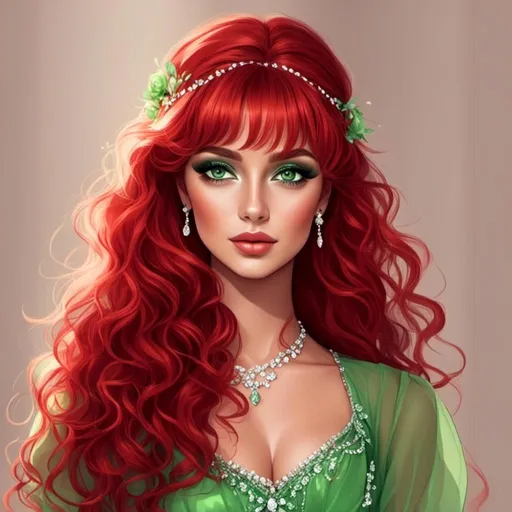 Prompt: <mymodel>Detailed illustration of a woman in vibrant green attire, large vivid green eyes, elegant makeup, digital painting, high resolution, realistic style, vibrant green, professional lighting