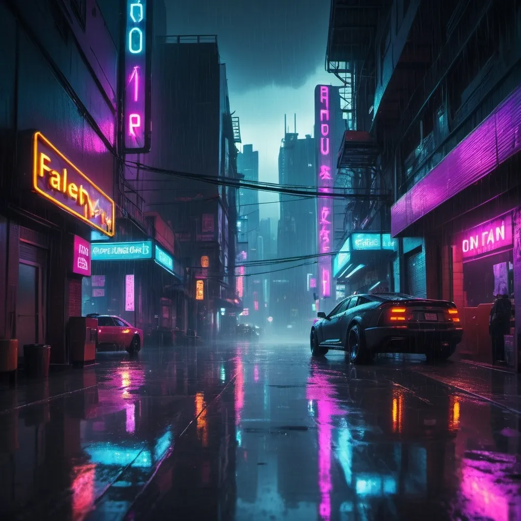 Prompt: Rainy cityscape with neon lights, cyberpunk, futuristic buildings, reflections on wet pavement, detailed drops of rain, moody atmosphere, high quality, cyberpunk, futuristic, rainy, neon lights, detailed raindrops, urban, atmospheric lighting