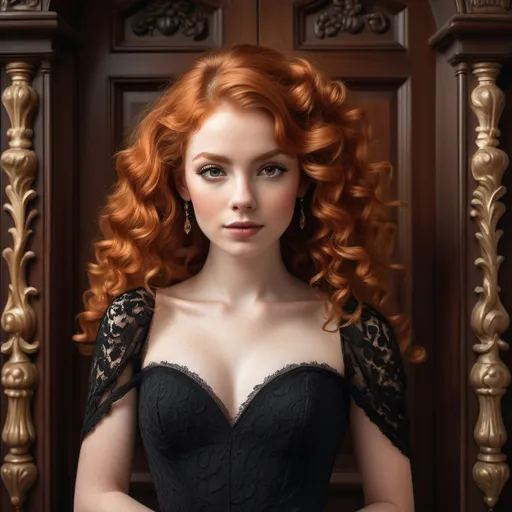 Prompt: In an elegantly styled setting, a young woman stands poised with a confident expression, showcasing her striking features and vibrant, curly red hair that cascades down her shoulders. Dressed in a luxurious black gown adorned with intricate lace detailing on the sleeves and a sweetheart neckline, she embodies a blend of sophistication and allure. The backdrop is a beautifully ornate wooden door, highlighting rich carvings that complement the intricate design of her dress, while a vase filled with delicate white flowers adds a soft touch to the scene. The warm, inviting lighting accentuates her flawless complexion, creating a mood that is both enchanting and timeless, inviting the viewer to share in a moment of elegance and grace.