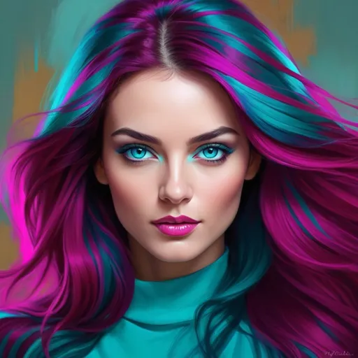 Prompt: <mymodel>Magenta and teal portrait of a lady, vibrant and captivating, high quality, digital painting, flowing hair with vibrant highlights, striking teal eyes, elegant and sophisticated, modern art style, vibrant color contrast, professional, artistic, detailed features, dramatic lighting