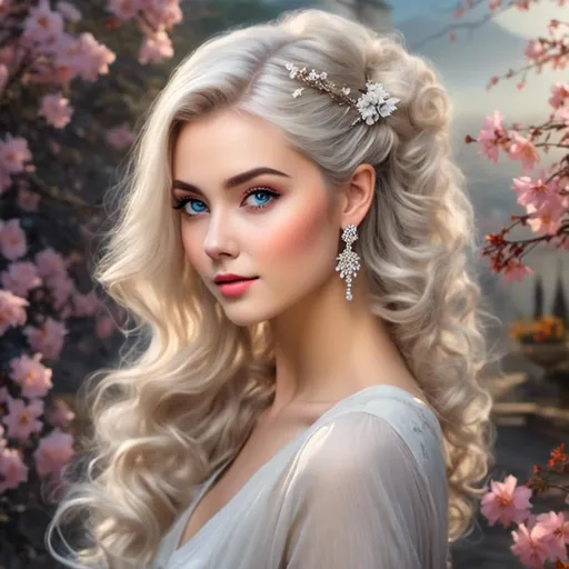 Prompt: <mymodel>Pretty , elegant woman with platinum hair in a side ponytail